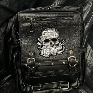 SKULL STUDDED Faux Leather Black BACKPACK Purse Travel School Emo Goth BAG W/adj